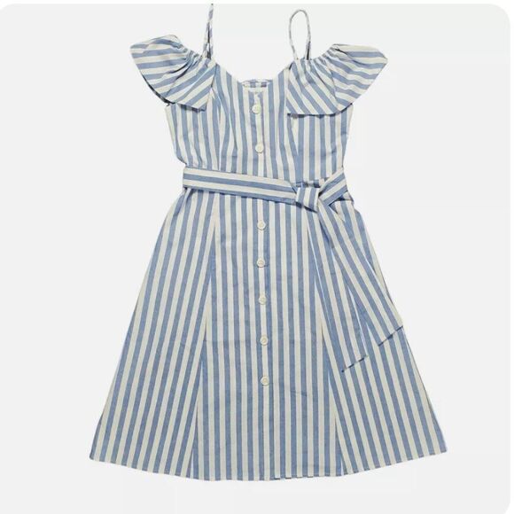 The Bluivy Dresses & Skirts - The Bluivy striped Blue & White Button off-shoulder Dress w/Flounce